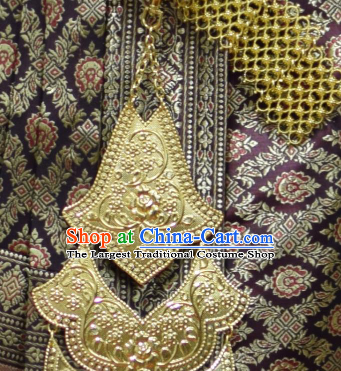 Traditional Thailand Court Concubine Dress Clothing Asian Thai Wedding Uniforms Yellow Top and Brown Brocade Skirt