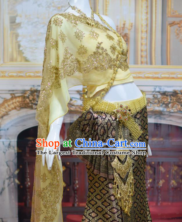 Traditional Thailand Court Concubine Dress Clothing Asian Thai Wedding Uniforms Yellow Top and Brown Brocade Skirt