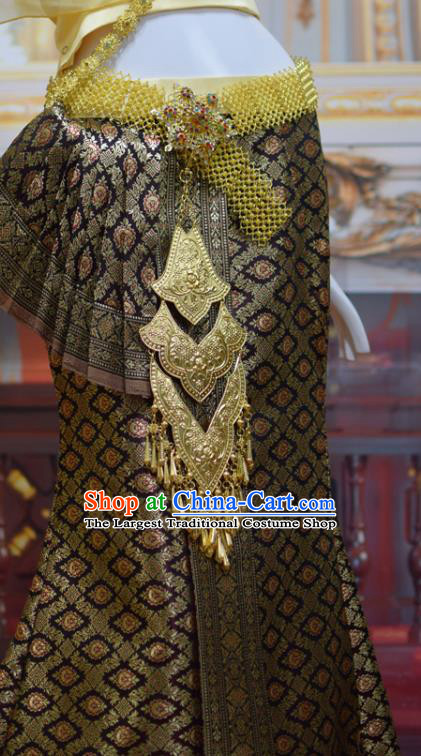 Traditional Thailand Court Concubine Dress Clothing Asian Thai Wedding Uniforms Yellow Top and Brown Brocade Skirt