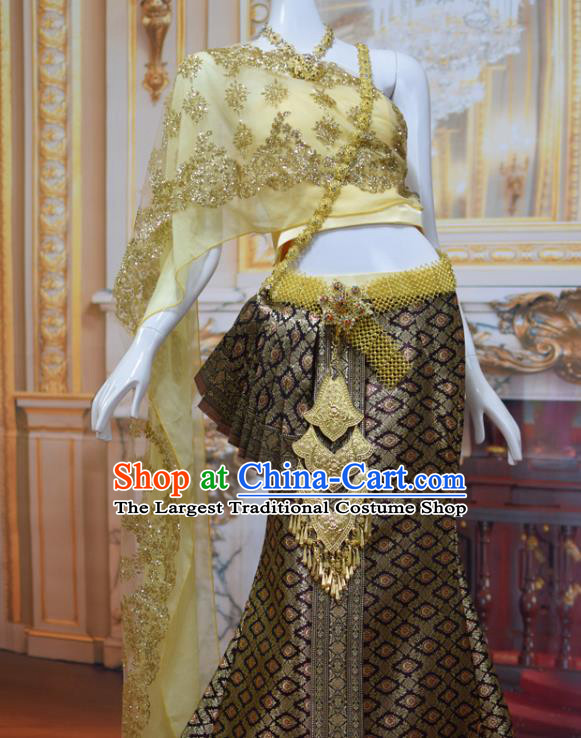 Traditional Thailand Court Concubine Dress Clothing Asian Thai Wedding Uniforms Yellow Top and Brown Brocade Skirt