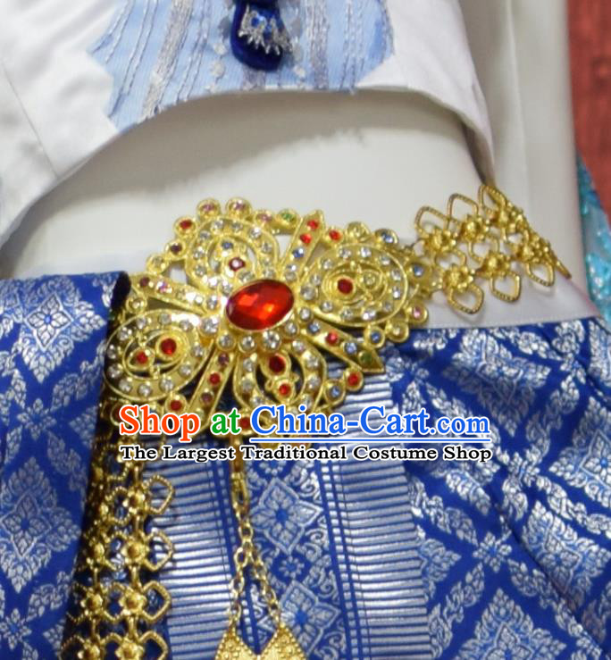 Traditional Thailand Embroidery Top and Royalblue Brocade Skirt Dress Clothing Asian Thai Court Concubine Uniforms