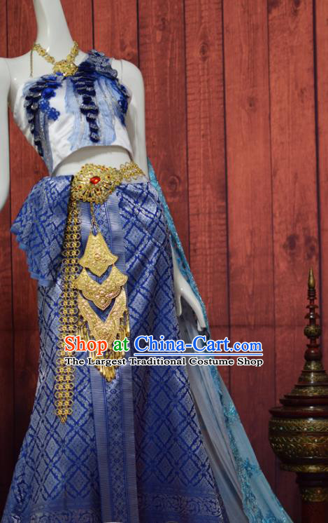 Traditional Thailand Embroidery Top and Royalblue Brocade Skirt Dress Clothing Asian Thai Court Concubine Uniforms