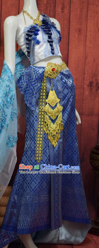 Traditional Thailand Embroidery Top and Royalblue Brocade Skirt Dress Clothing Asian Thai Court Concubine Uniforms