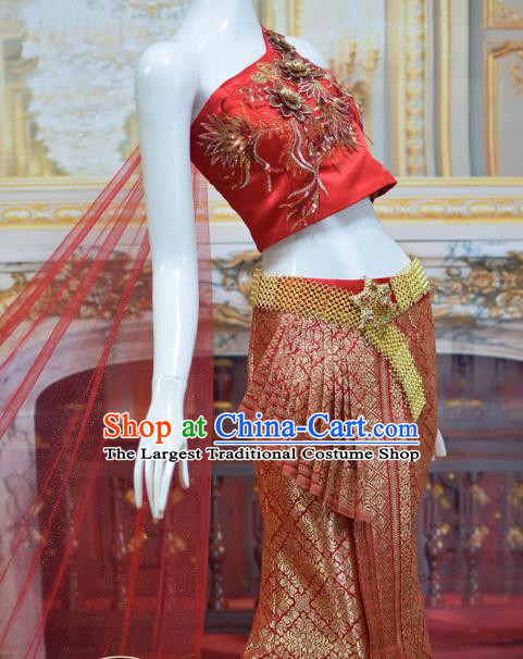 Asian Thai Court Concubine Uniforms Thailand Embroidery Red Top and Brocade Skirt Traditional Dress Clothing