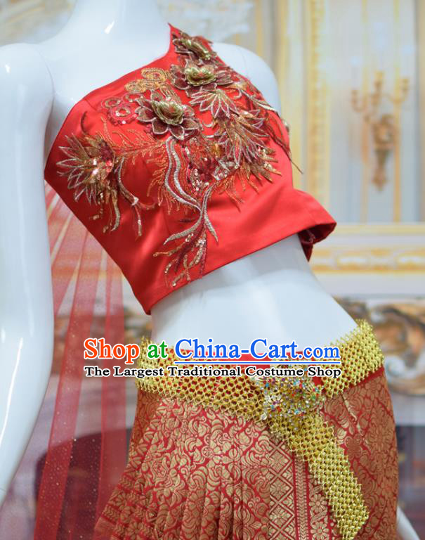 Asian Thai Court Concubine Uniforms Thailand Embroidery Red Top and Brocade Skirt Traditional Dress Clothing