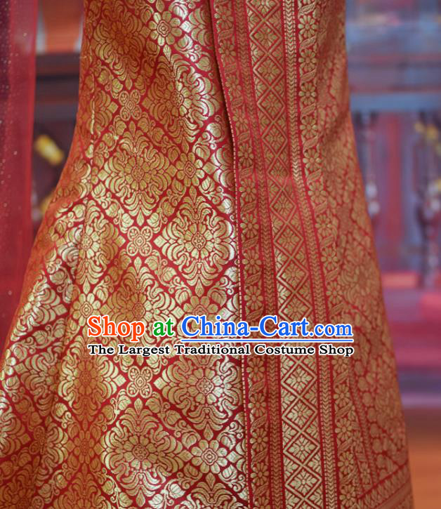 Asian Thai Court Concubine Uniforms Thailand Embroidery Red Top and Brocade Skirt Traditional Dress Clothing