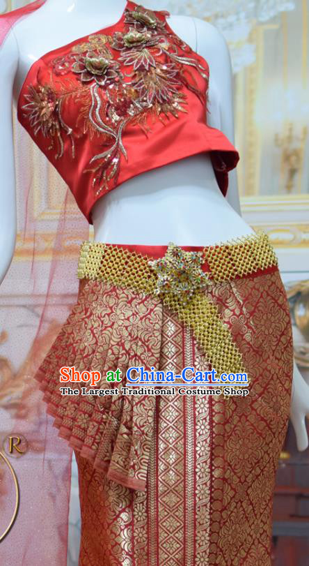 Asian Thai Court Concubine Uniforms Thailand Embroidery Red Top and Brocade Skirt Traditional Dress Clothing
