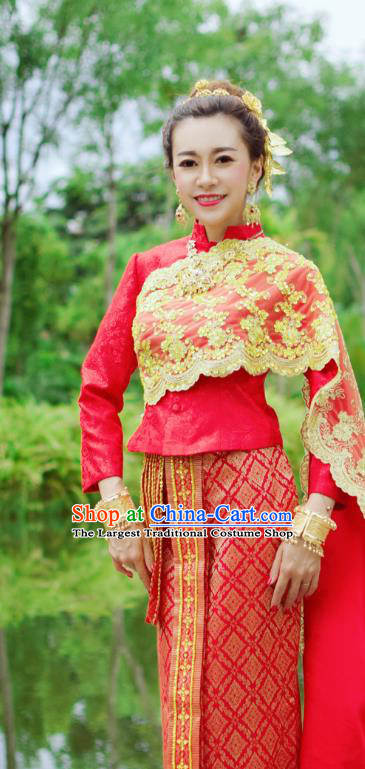 Asian Thai Dress Clothing Wedding Uniforms Traditional Thailand Red Blouse and Brocade Skirt