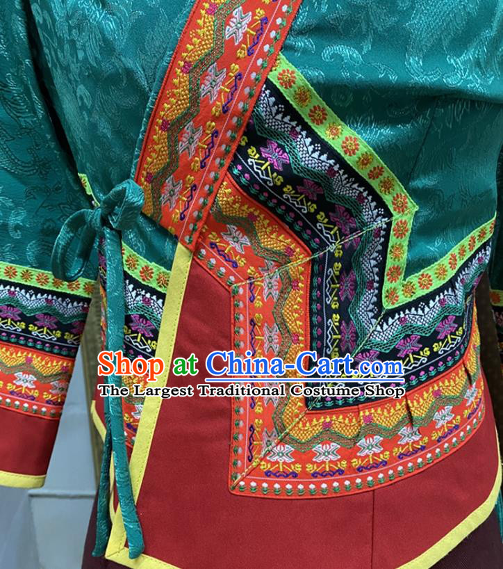 China Dai Nationality Water Splashing Festival Dance Clothing Yunnan Ethnic Green Brocade Blouse and Skirt Uniforms