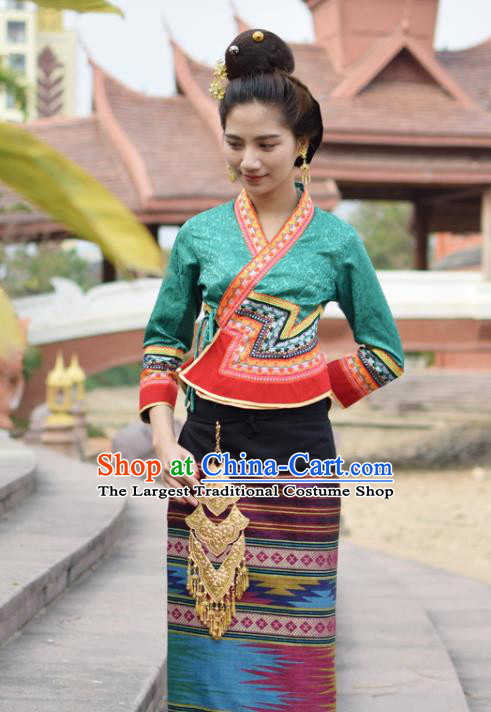 China Dai Nationality Water Splashing Festival Dance Clothing Yunnan Ethnic Green Brocade Blouse and Skirt Uniforms