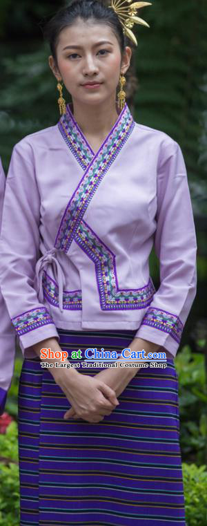 China Yunnan Ethnic Folk Dance Lilac Blouse and Purple Skirt Uniforms Dai Nationality Performance Clothing