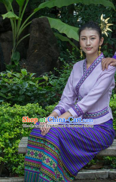 China Yunnan Ethnic Folk Dance Lilac Blouse and Purple Skirt Uniforms Dai Nationality Performance Clothing