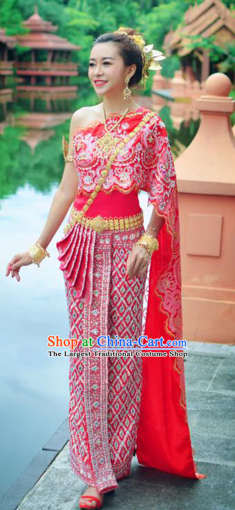 Traditional Thailand Embroidery Blouse and Pink Skirt Asian Thai Dress Clothing Wedding Uniforms