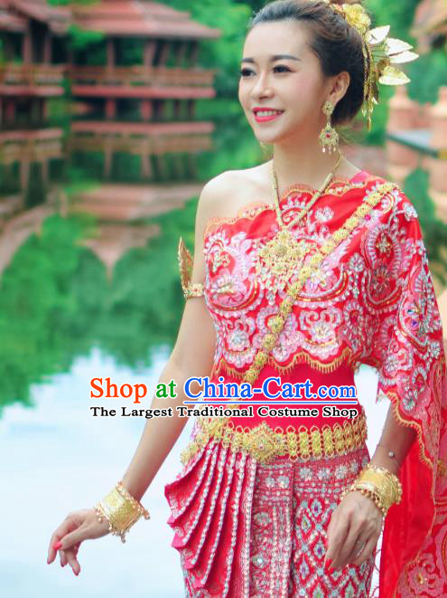 Traditional Thailand Embroidery Blouse and Pink Skirt Asian Thai Dress Clothing Wedding Uniforms