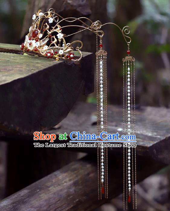 China Traditional Wedding Xiuhe Suit Headdress Ancient Bride Pearls Tassel Hair Crown