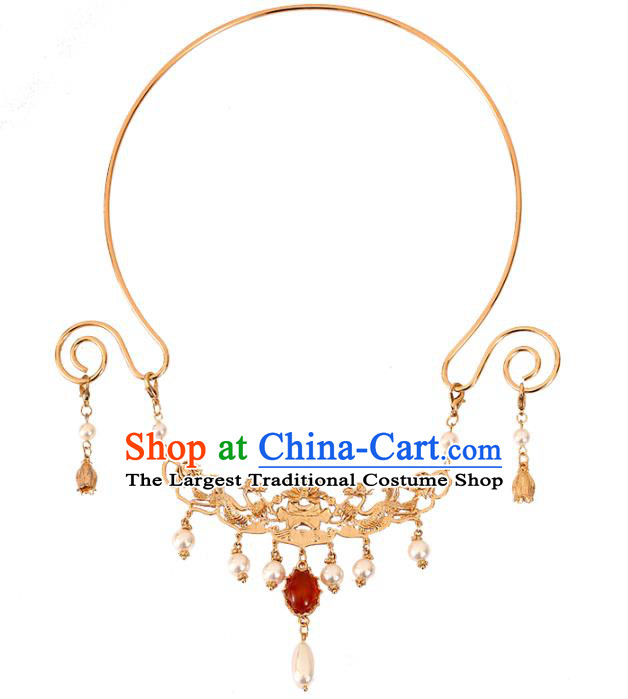 Chinese Traditional Ming Dynasty Necklace Accessories Ancient Court Woman Golden Phoenix Necklet