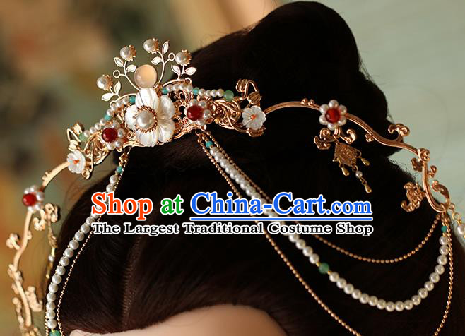 China Traditional Hanfu Shell Flower Hair Clasp Ancient Princess Tassel Hair Crown