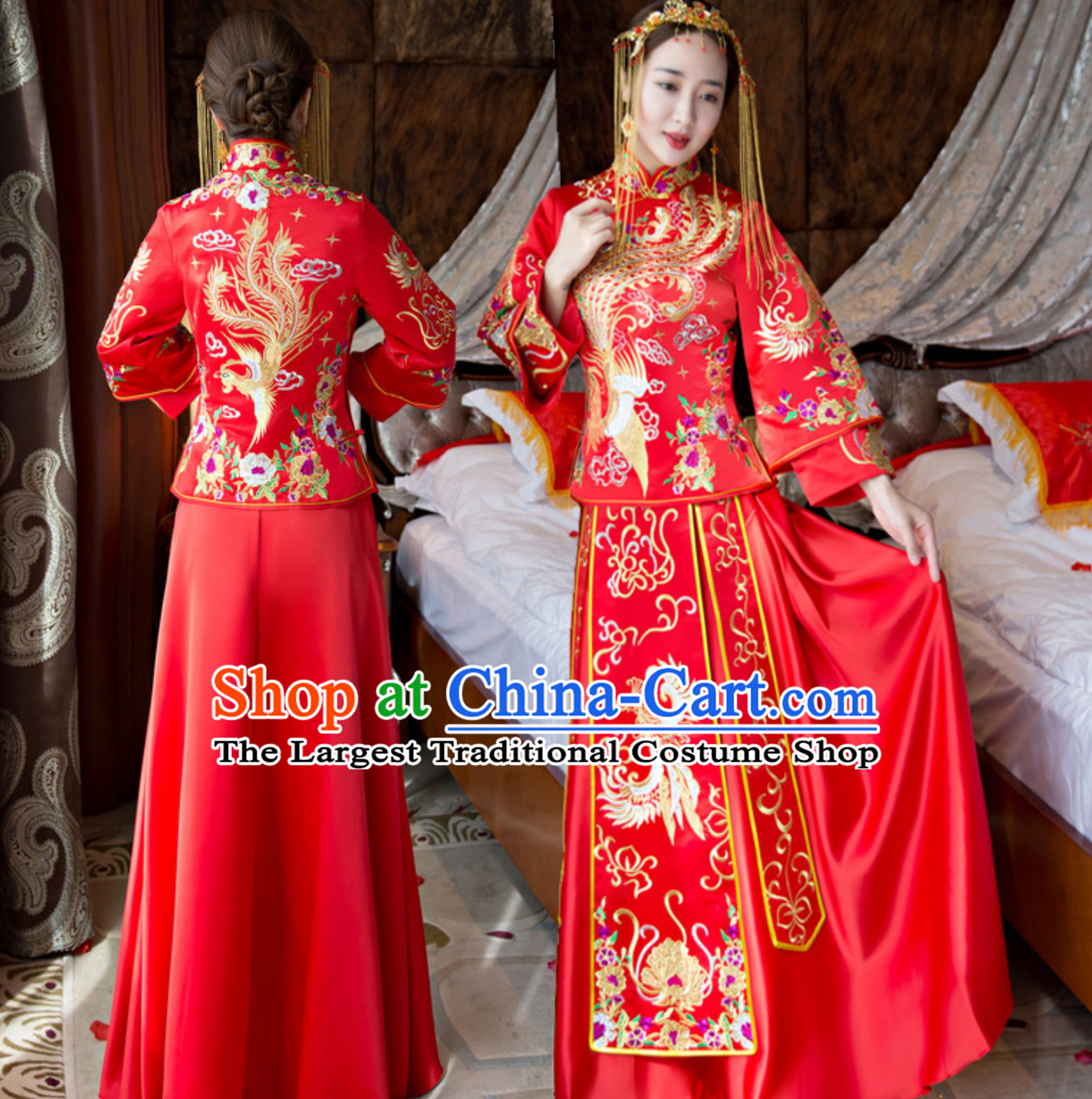 Traditional Chinese Classical Lucky Red Phoenix Bride Wedding Dresses