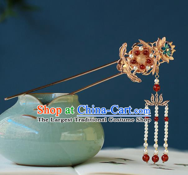 China Traditional Ming Dynasty Court Woman Hairpin Ancient Empress Pearls Tassel Hair Stick