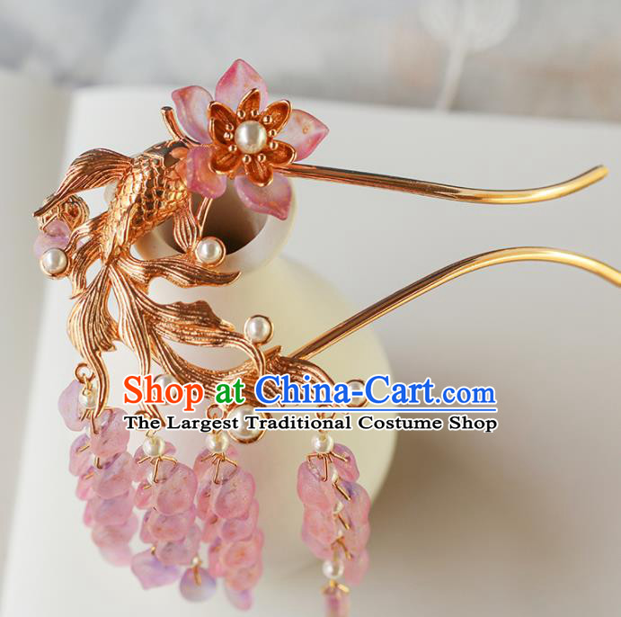 China Traditional Ming Dynasty Goldfish Hairpin Ancient Princess Wisteria Tassel Hair Stick