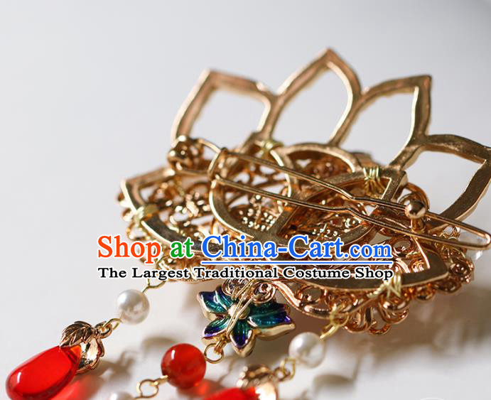 China Traditional Hanfu Tassel Hair Claw Ancient Palace Lady Golden Lotus Hair Stick