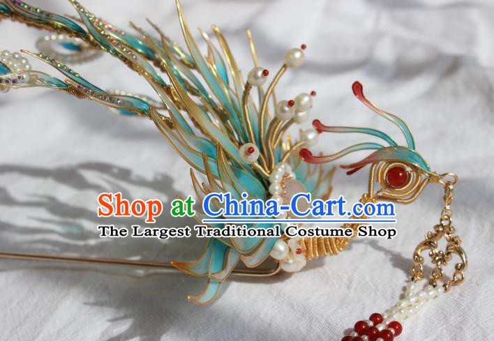China Ancient Palace Princess Blue Phoenix Tassel Hairpin Traditional Ming Dynasty Noble Woman Hair Crown