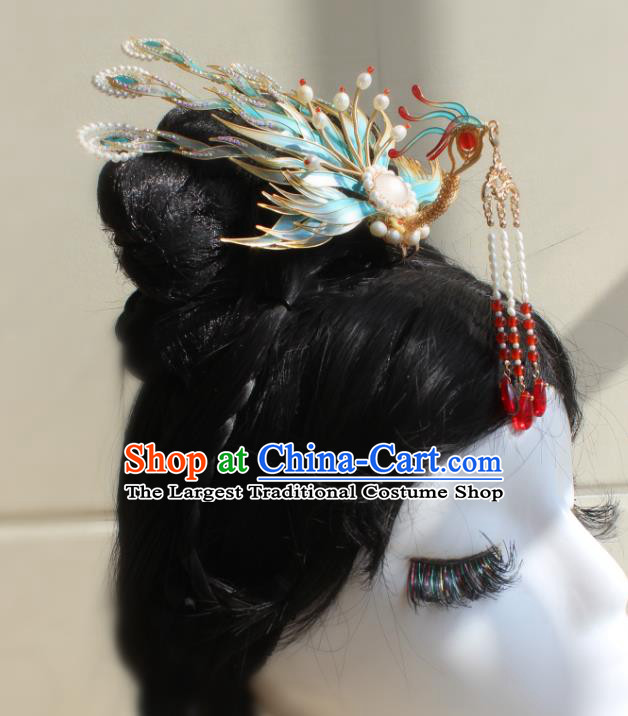 China Ancient Palace Princess Blue Phoenix Tassel Hairpin Traditional Ming Dynasty Noble Woman Hair Crown