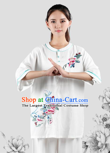 China Tai Chi Kung Fu Costumes Traditional Martial Arts Printing White Flax Uniforms