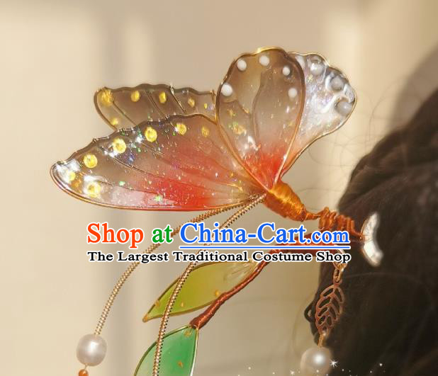 China Traditional Cheongsam Hairpin Handmade Ancient Princess Red Butterfly Hair Stick