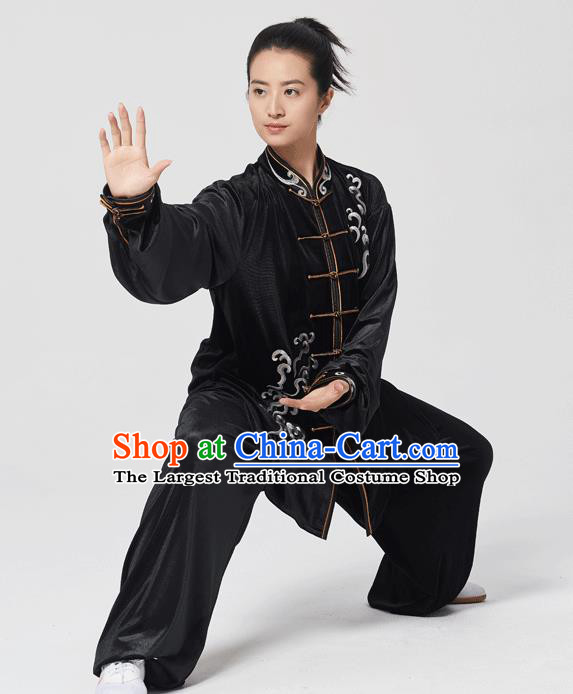 China Traditional Martial Arts Embroidered Black Velvet Uniforms Tai Chi Kung Fu Performance Costumes