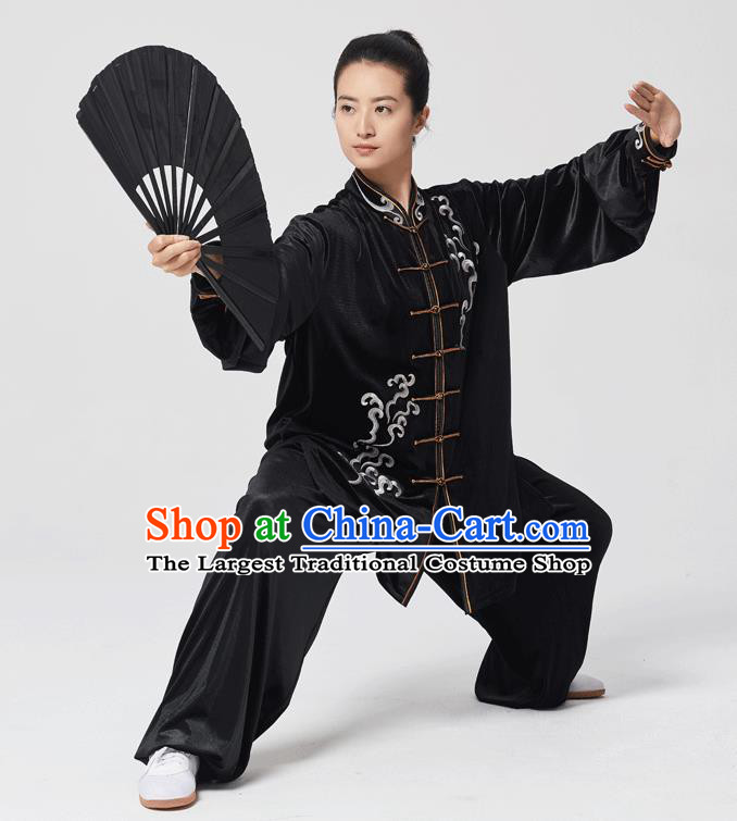 China Traditional Martial Arts Embroidered Black Velvet Uniforms Tai Chi Kung Fu Performance Costumes