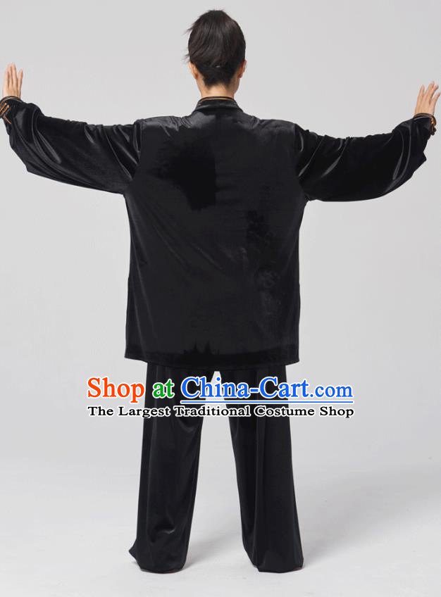 China Traditional Martial Arts Embroidered Black Velvet Uniforms Tai Chi Kung Fu Performance Costumes