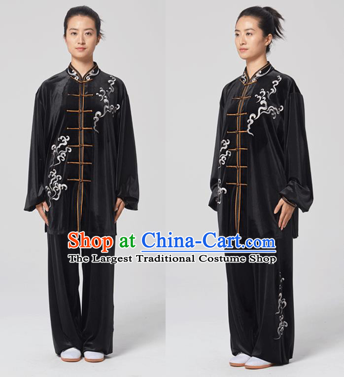China Traditional Martial Arts Embroidered Black Velvet Uniforms Tai Chi Kung Fu Performance Costumes