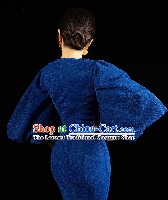 Top Grade Stage Show Clothing Annual Meeting Embroidery Beads Full Dress Catwalks Royalblue Fishtail Dress