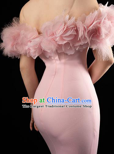 Top Grade Catwalks Pink Feather Off Shoulder Dress Stage Show Clothing Annual Meeting Full Dress