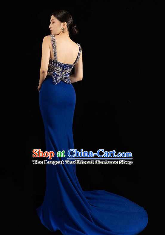 Top Grade Stage Show Embroidery Beads Royalblue Full Dress Catwalks Trailing Dress Annual Meeting Clothing