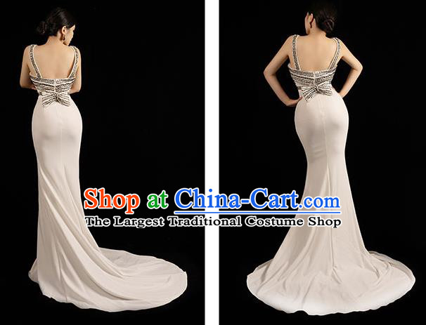 Top Grade Annual Meeting Clothing Stage Show Embroidery Beads White Full Dress Catwalks Trailing Dress