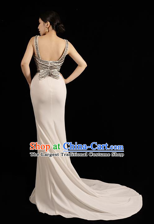 Top Grade Annual Meeting Clothing Stage Show Embroidery Beads White Full Dress Catwalks Trailing Dress