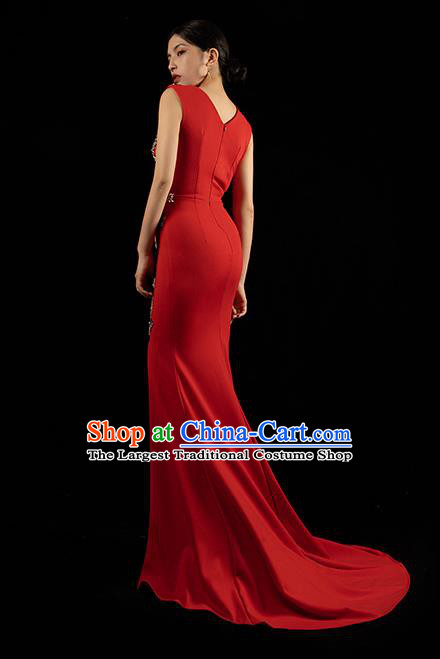 Top Grade Catwalks Trailing Dress Annual Meeting Clothing Stage Show Embroidery Beads Red Full Dress