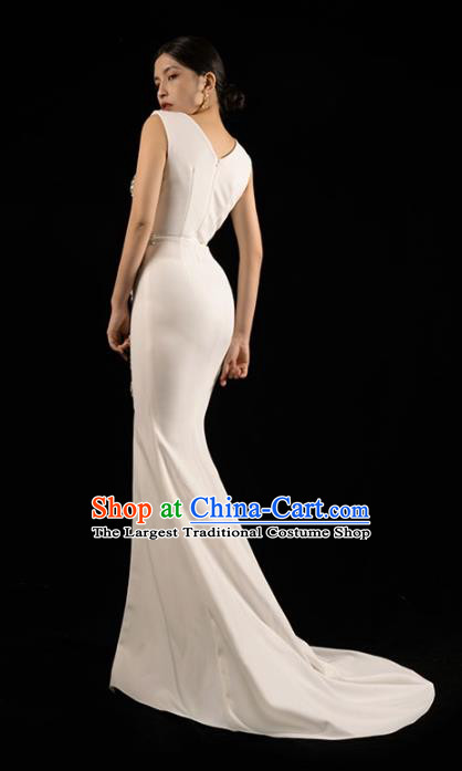 Top Grade Stage Show Embroidery Beads White Dress Catwalks Trailing Dress Annual Meeting Clothing