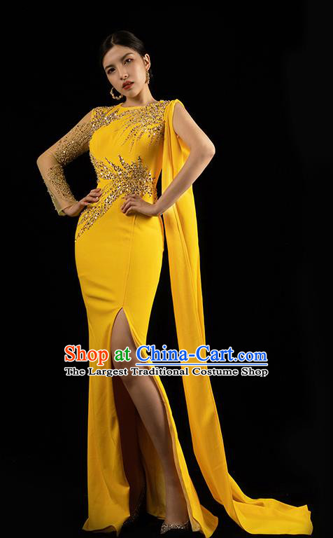 Top Grade Catwalks Compere Yellow Slim Dress Annual Meeting Clothing Stage Show Embroidery Beads Dress