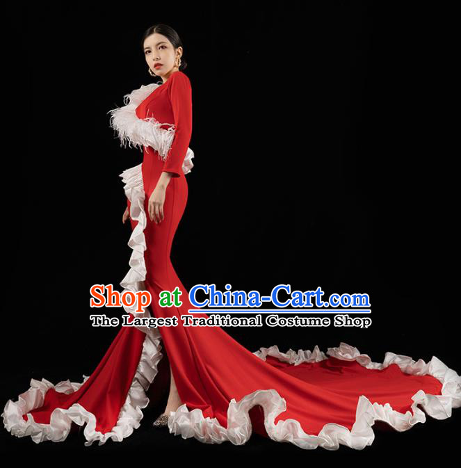 Top Grade Stage Show Wedding Full Dress Catwalks Compere Red Trailing Dress Annual Meeting Clothing