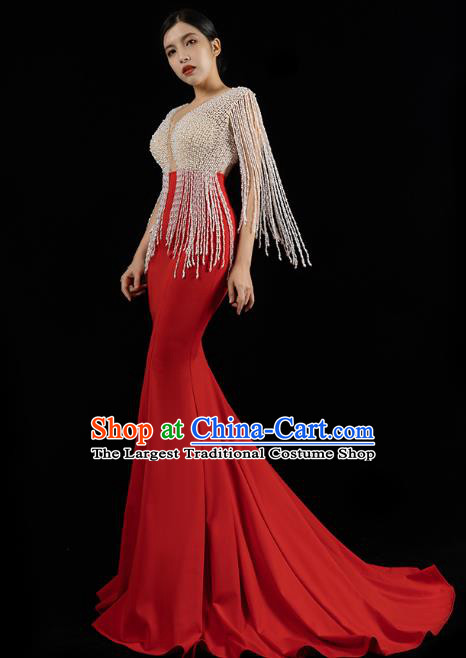 Top Grade Stage Show Beads Tassel Full Dress Annual Meeting Clothing Catwalks Compere Red Trailing Dress