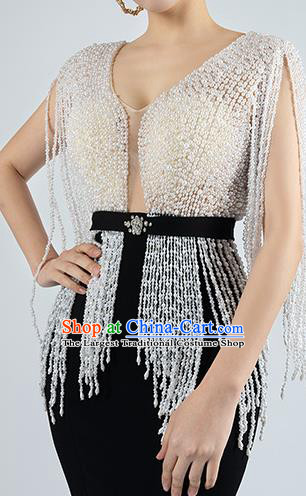 Top Grade Catwalks Compere Black Trailing Dress Stage Show Beads Tassel Full Dress Annual Meeting Clothing
