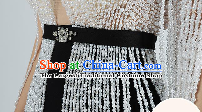 Top Grade Catwalks Compere Black Trailing Dress Stage Show Beads Tassel Full Dress Annual Meeting Clothing
