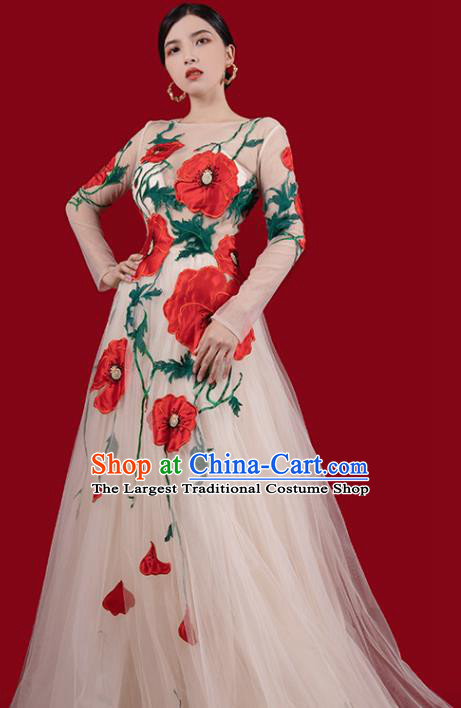 Top Grade Annual Meeting Clothing Catwalks Compere Embroidered Dress Stage Show Champagne Veil Full Dress