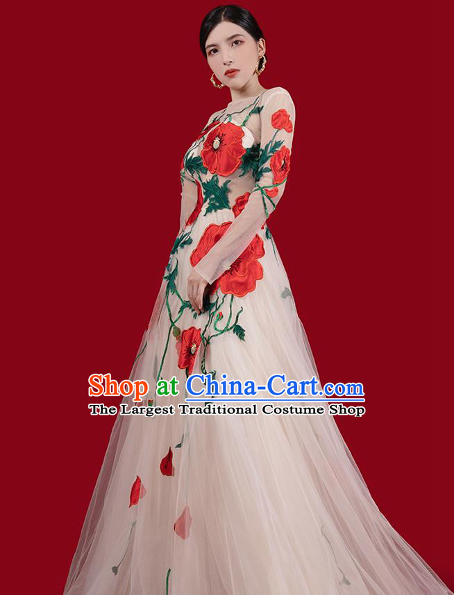 Top Grade Annual Meeting Clothing Catwalks Compere Embroidered Dress Stage Show Champagne Veil Full Dress