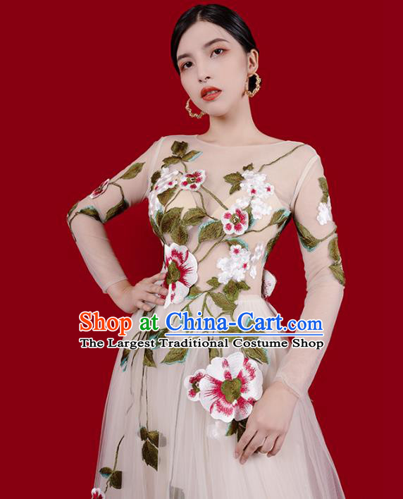 Top Grade Stage Show Beige Veil Full Dress Annual Meeting Clothing Catwalks Compere Embroidered Flowers Dress
