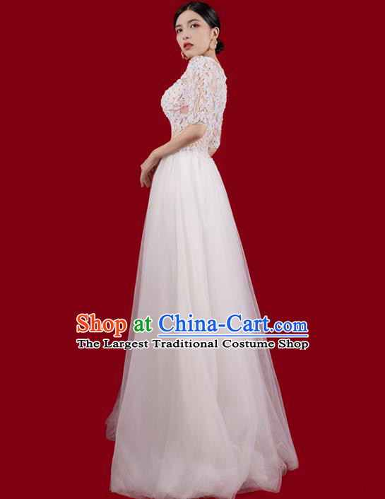 Top Grade White Wedding Dress Annual Meeting Clothing Catwalks Stage Show Embroidered Beads Full Dress