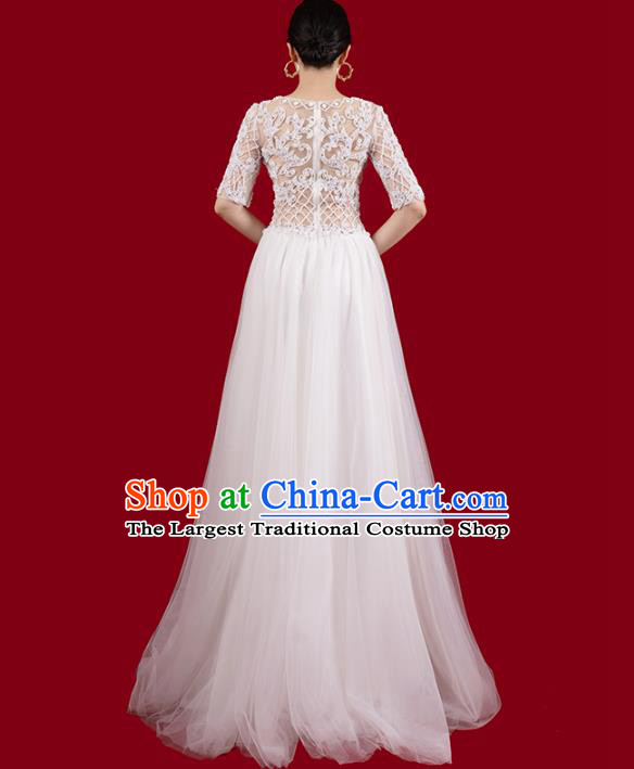 Top Grade White Wedding Dress Annual Meeting Clothing Catwalks Stage Show Embroidered Beads Full Dress